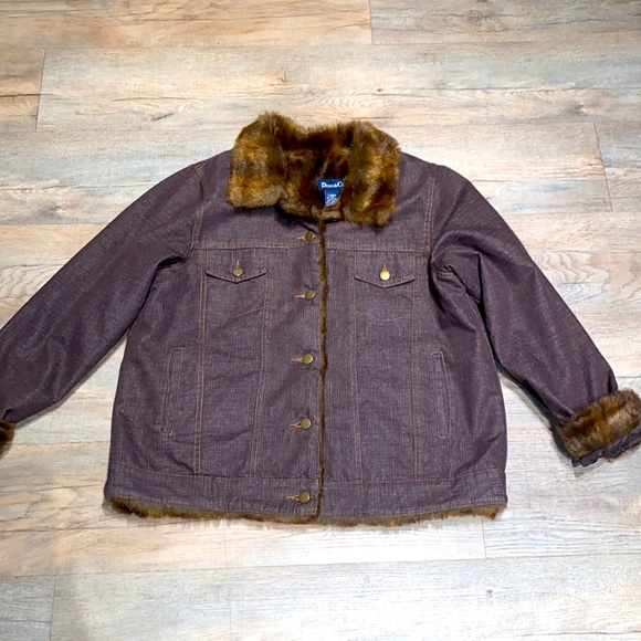 VINTAGE DENIM & COMPANY CHOCOLATE DENIM IN LINED FAUX MINK BUTTON DOWN COAT L - Picture 2 of 9